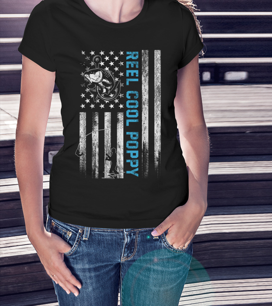 Reel Cool Poppy American Flag Fishing Fish Stars Stripes T-Shirt