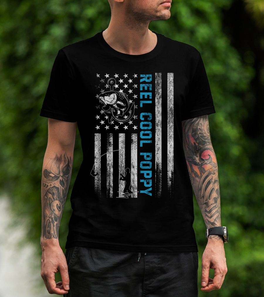 Reel Cool Poppy American Flag Fishing Fish Stars Stripes T-Shirt