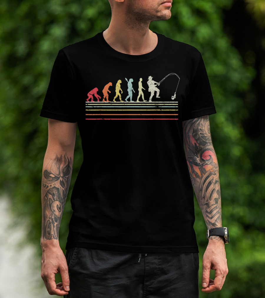 Retro Evolution Of Man To Fisherman With Fishing Pole T-Shirt