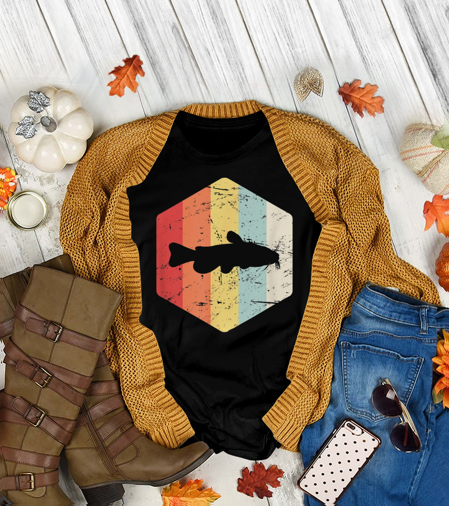 Retro Vintage Catfish Fresh Water Fish Fishing Stripes T-Shirt