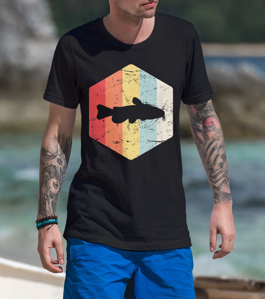 Retro Vintage Catfish Fresh Water Fish Fishing Stripes T-Shirt