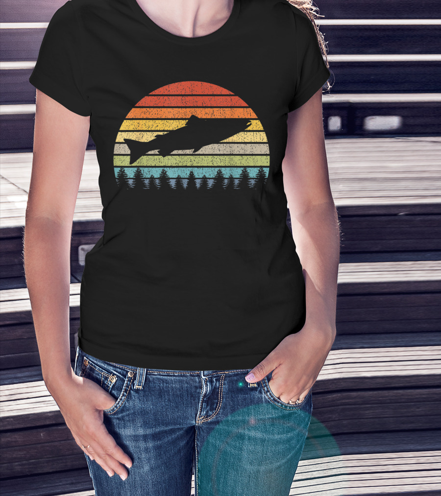 Salmon Fishing Freshwater Saltwater Fish Retro Sunset Forest T-Shirt