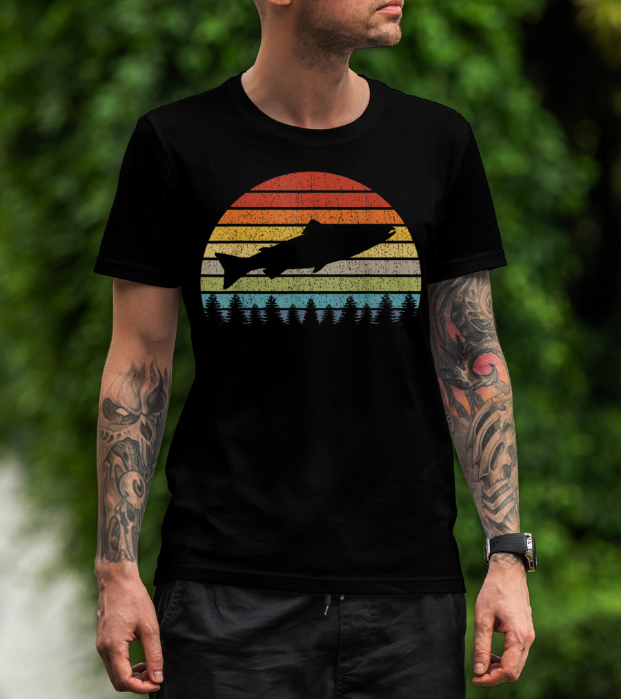Salmon Fishing Freshwater Saltwater Fish Retro Sunset Forest T-Shirt