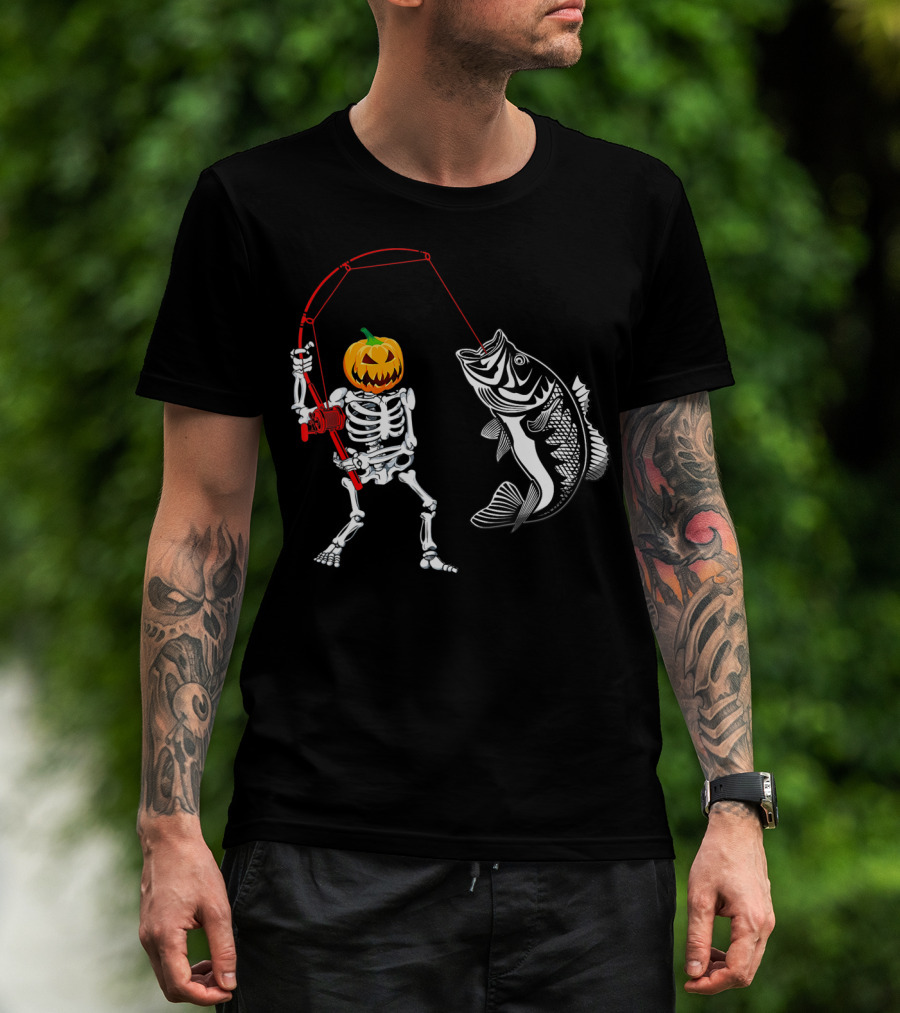Halloween Pumpkin Skeleton Fishing With Bass Catch T-Shirt