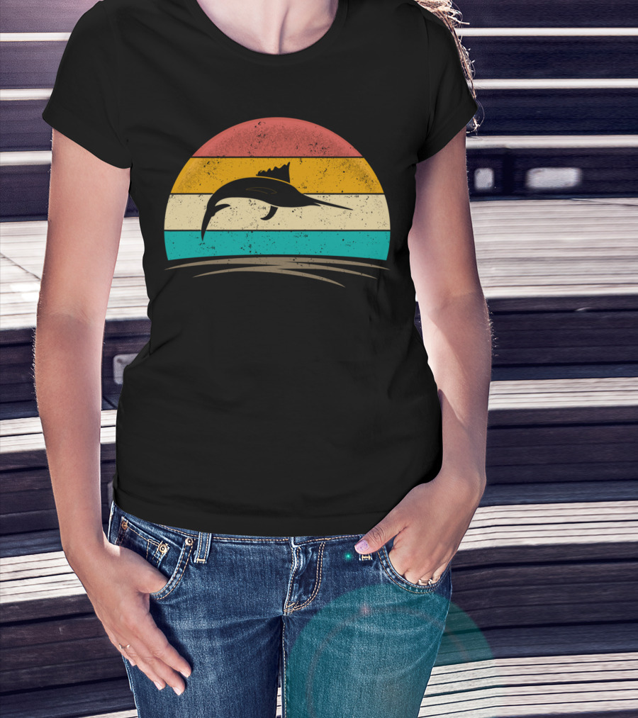 Swordfish Vintage 70s Deep Sea Fishing Retro Sunset T-Shirt