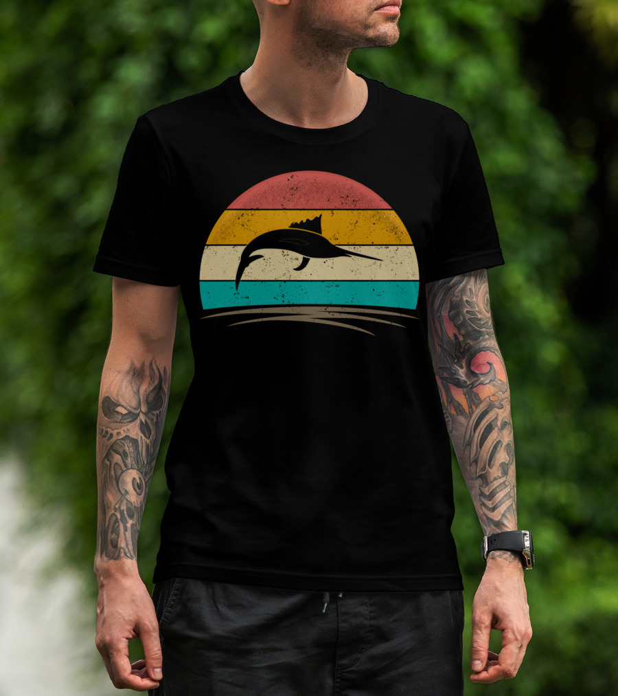 Swordfish Vintage 70s Deep Sea Fishing Retro Sunset T-Shirt