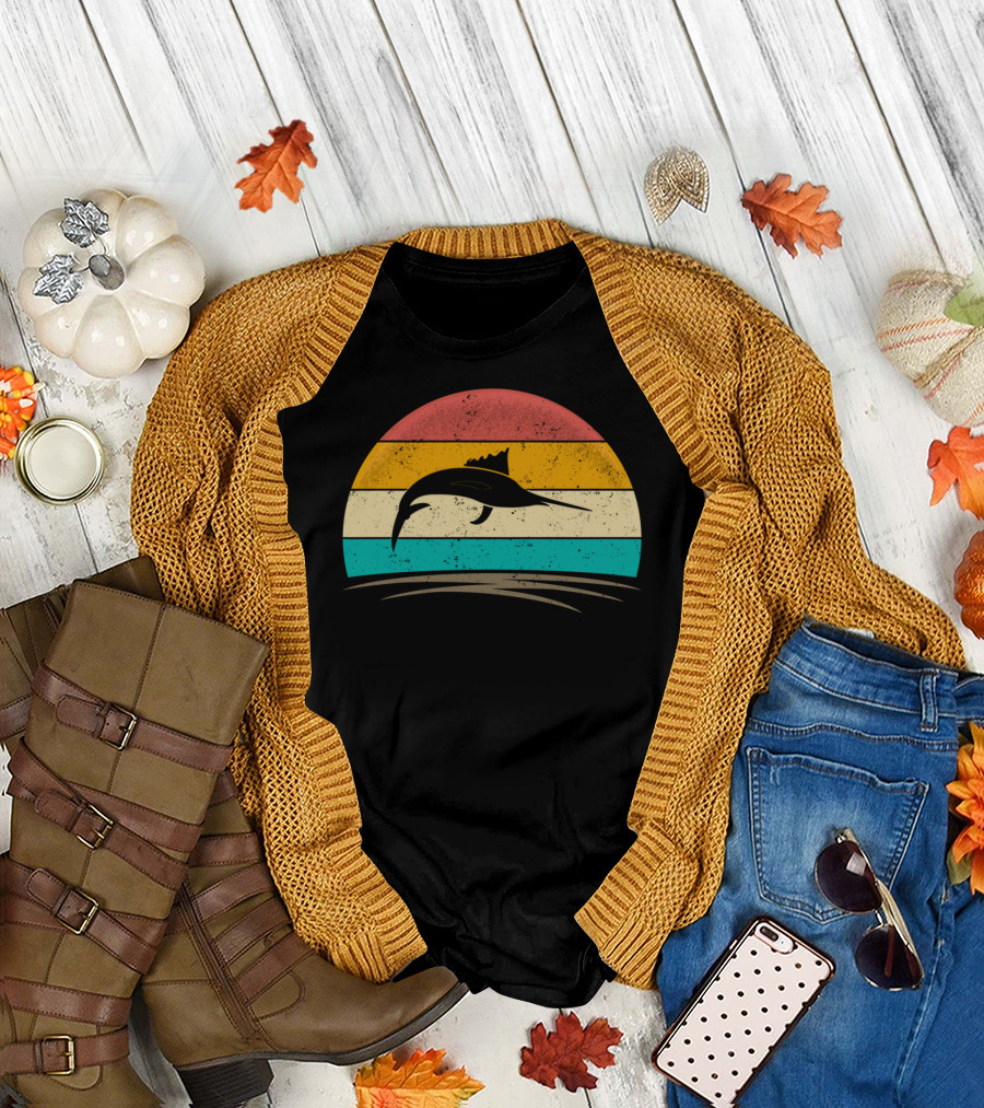 Swordfish Vintage 70s Deep Sea Fishing Retro Sunset T-Shirt