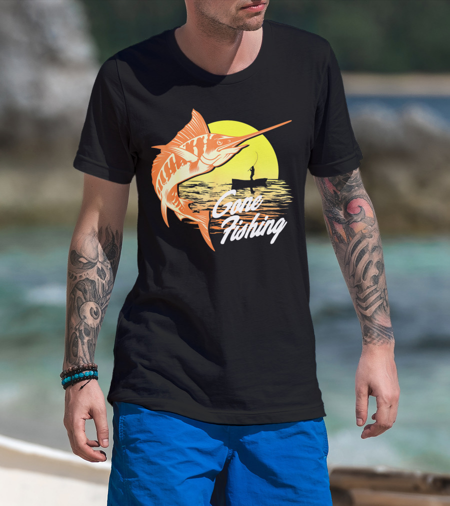 Gone Fishing Swordfish Sunrise Fishing Scene T-Shirt