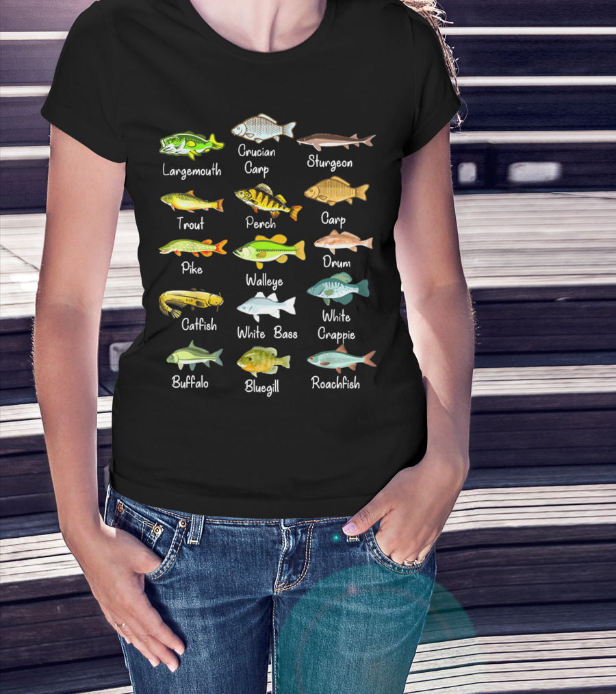 Freshwater Fish Species: Largemouth, Crucian Carp, Sturgeon, Trout, Perch, Carp, Pike, Walleye, Drum, Catfish, White Bass, White Crappie, Buffalo, Bluegill, Roachfish T-Shirt