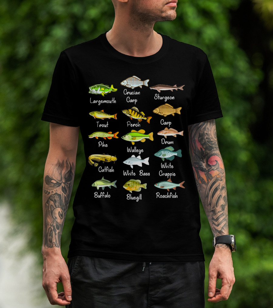 Freshwater Fish Species: Largemouth, Crucian Carp, Sturgeon, Trout, Perch, Carp, Pike, Walleye, Drum, Catfish, White Bass, White Crappie, Buffalo, Bluegill, Roachfish T-Shirt