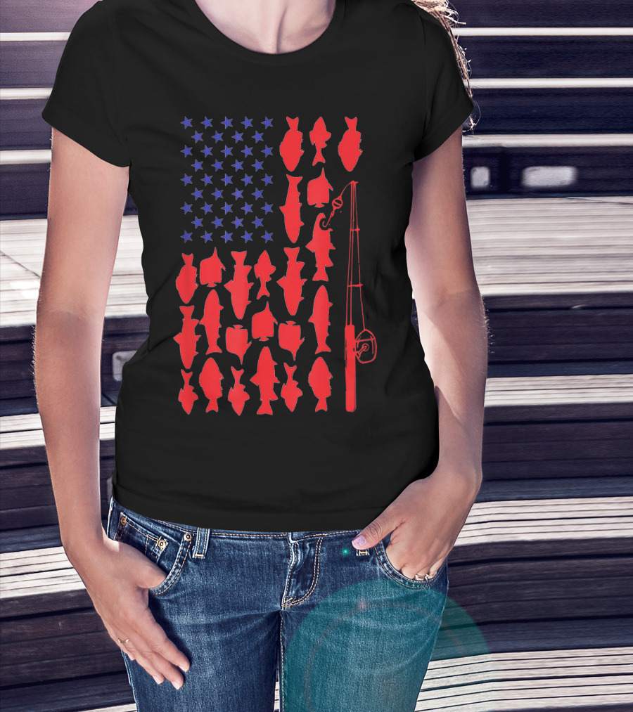 USA Flag Fish Fishing Rod Funny 4th Of July T-Shirt