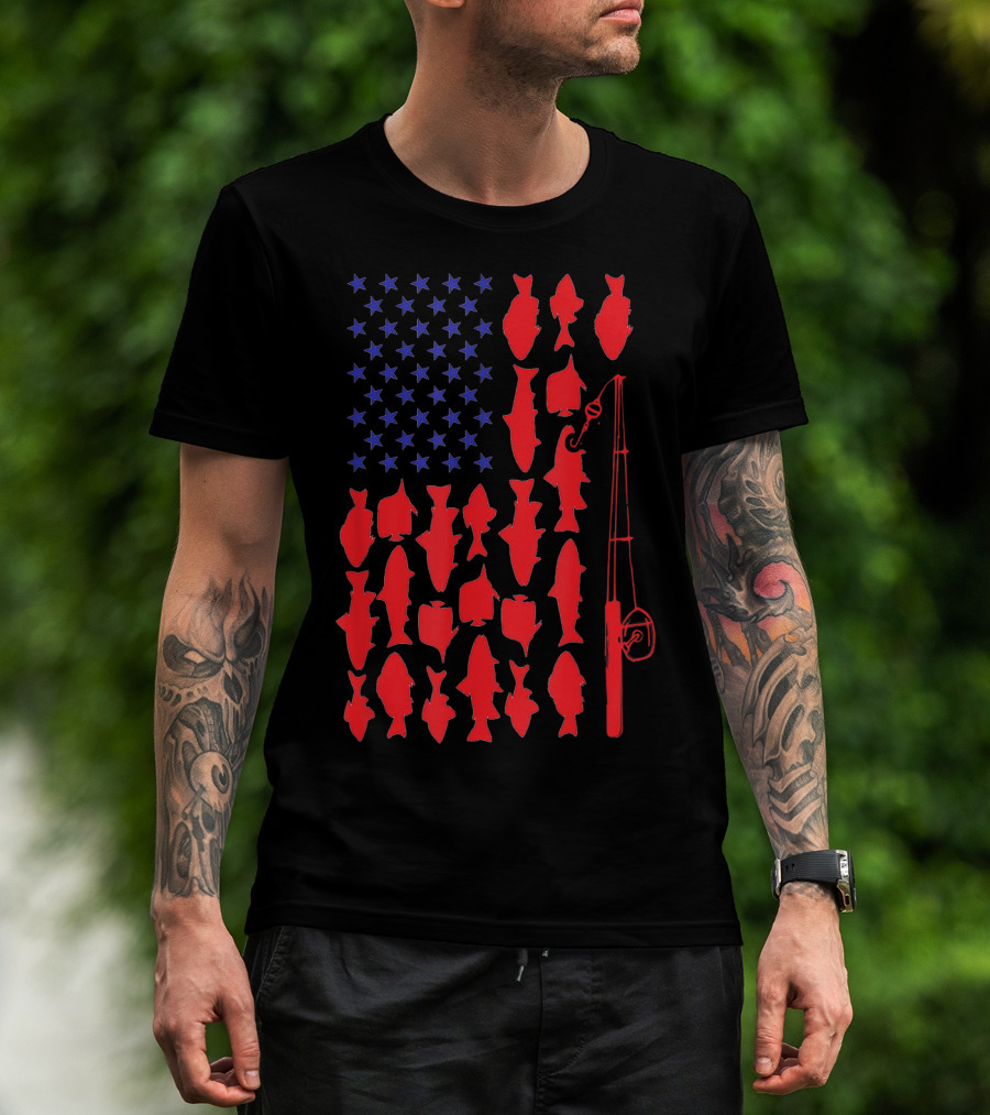 USA Flag Fish Fishing Rod Funny 4th Of July T-Shirt