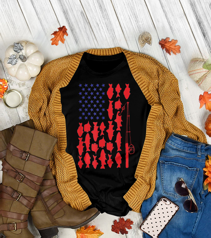 USA Flag Fish Fishing Rod Funny 4th Of July T-Shirt
