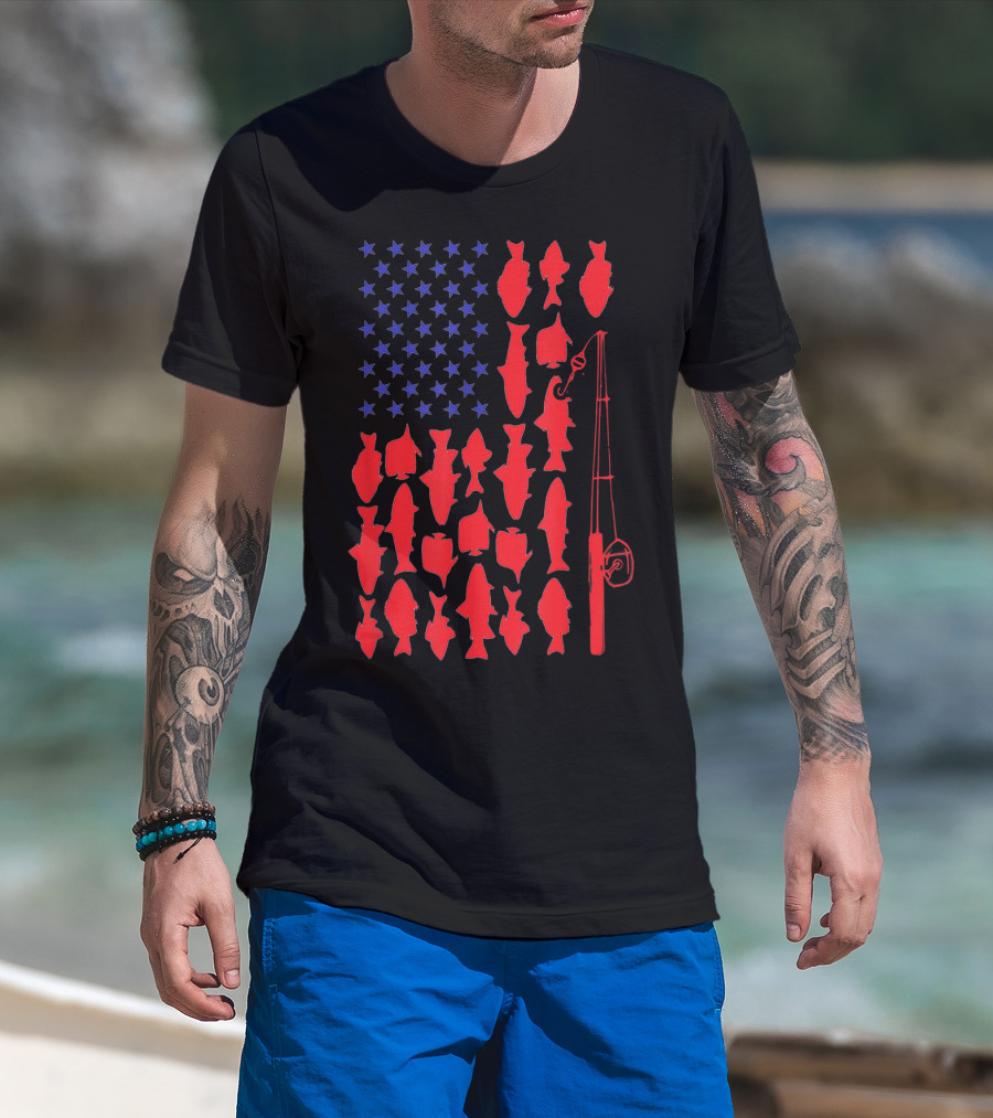 USA Flag Fish Fishing Rod Funny 4th Of July T-Shirt
