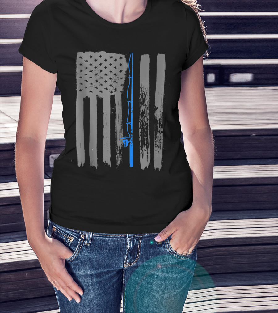 Vintage American Flag Fishing Pole Blue Line T-Shirt