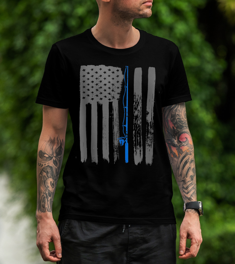Vintage American Flag Fishing Pole Blue Line T-Shirt