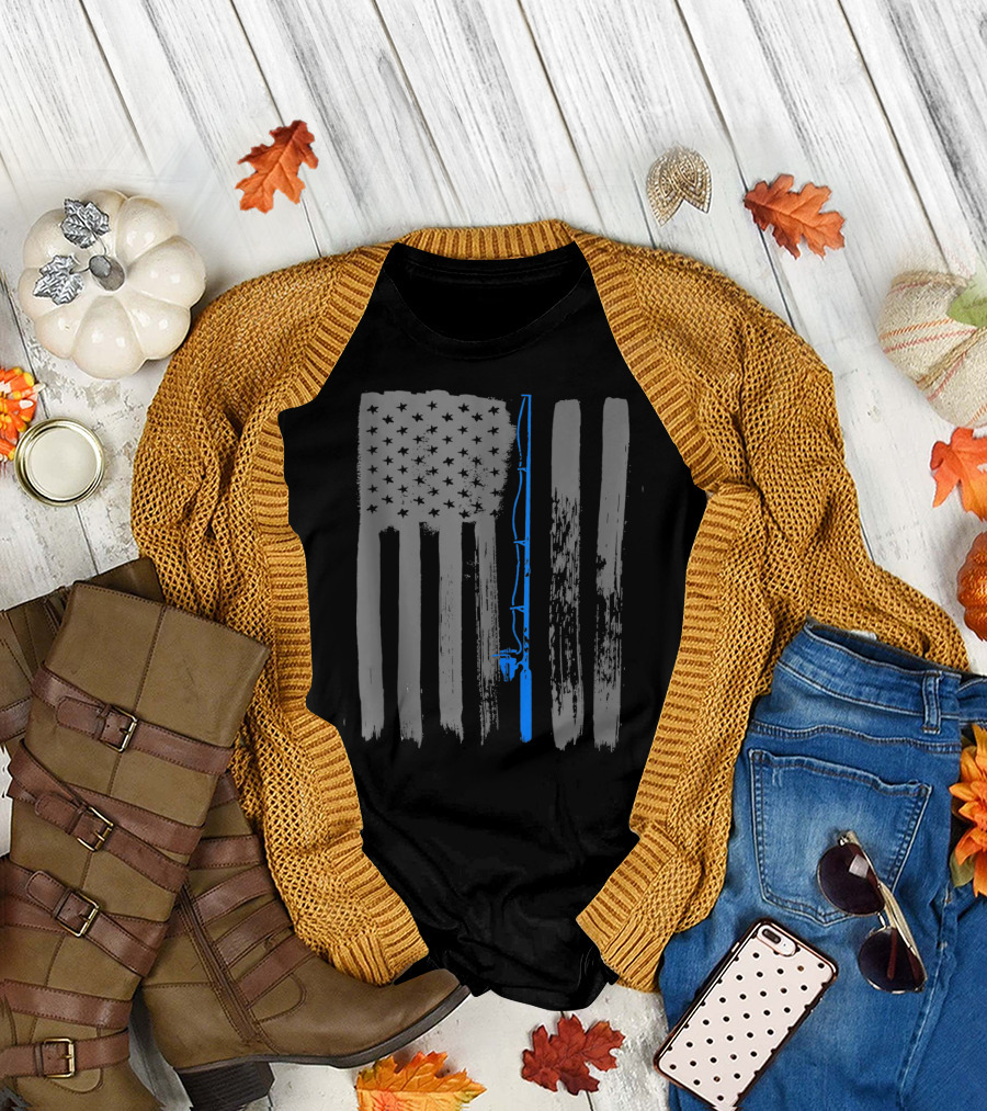 Vintage American Flag Fishing Pole Blue Line T-Shirt