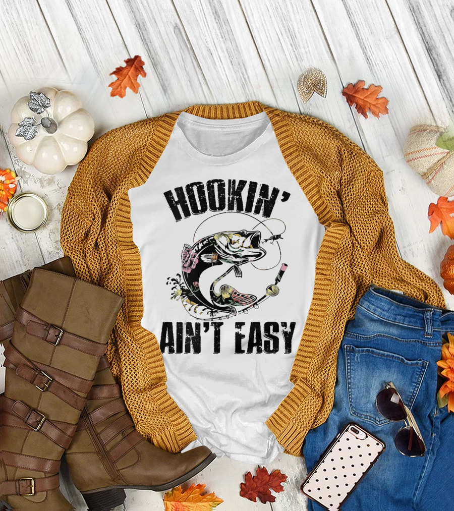 Hookin' Ain't Easy Funny Fishing Flower T-Shirt