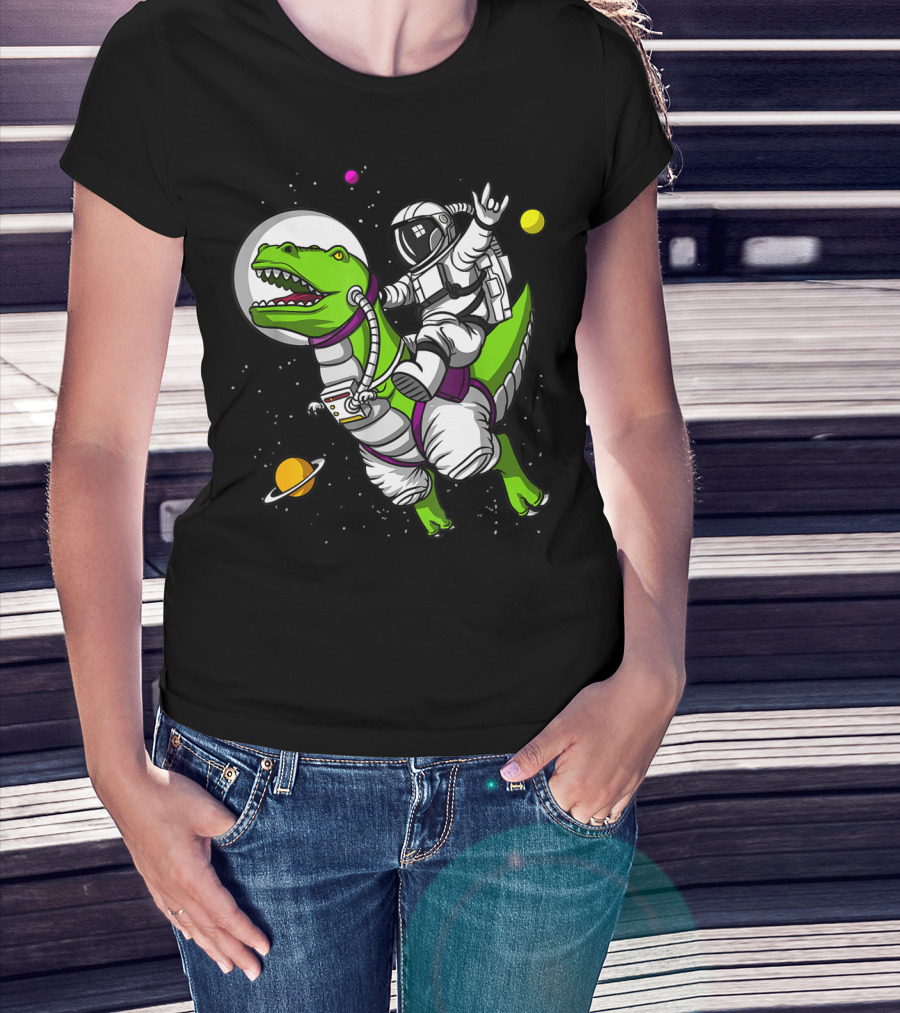 Astronaut Riding TRex Dinosaur In Outer Space With Planets T-Shirt