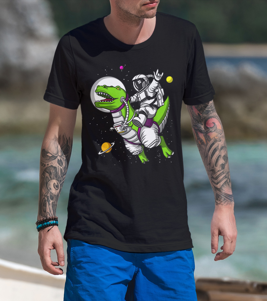 Astronaut Riding TRex Dinosaur In Outer Space With Planets T-Shirt