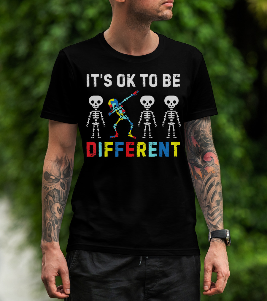 IT'S OK TO BE DIFFERENT Autism Awareness Day Skeleton Dabbing T-Shirt