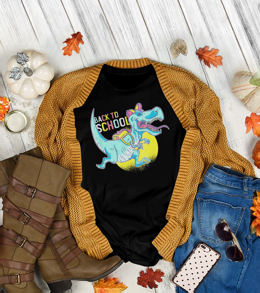 Back To School T-Rex Dinosaur With Backpack And Cap T-Shirt