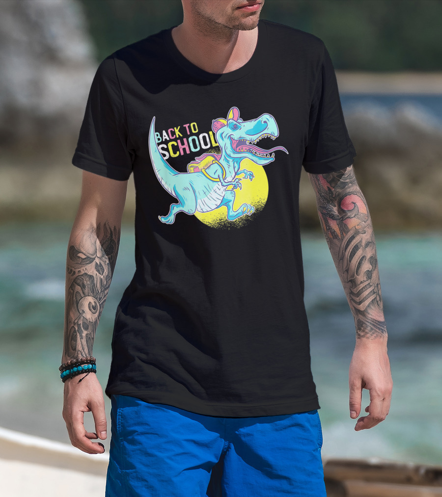 Back To School T-Rex Dinosaur With Backpack And Cap T-Shirt