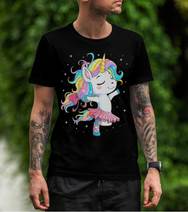 Ballet Dancer Unicorn Kids Girls Rainbow Ballerina Twirling Among Stars T-Shirt
