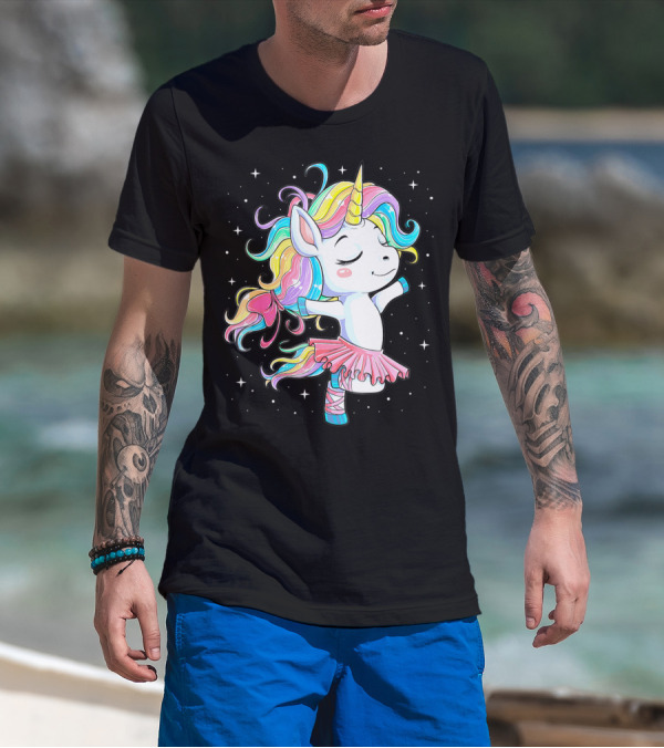 Ballet Dancer Unicorn Kids Girls Rainbow Ballerina Twirling Among Stars T-Shirt