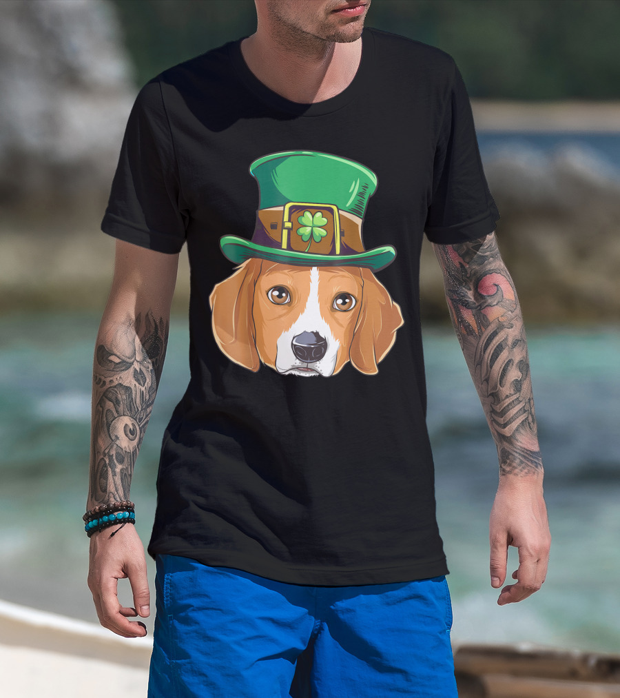 Beagle Wearing Leprechaun Hat With Shamrock T-Shirt