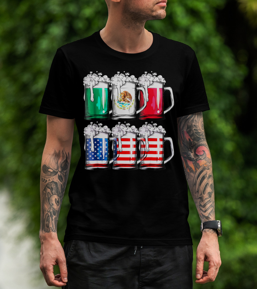 Beer Mugs Mexican American Flags Cinco De Mayo T-Shirt