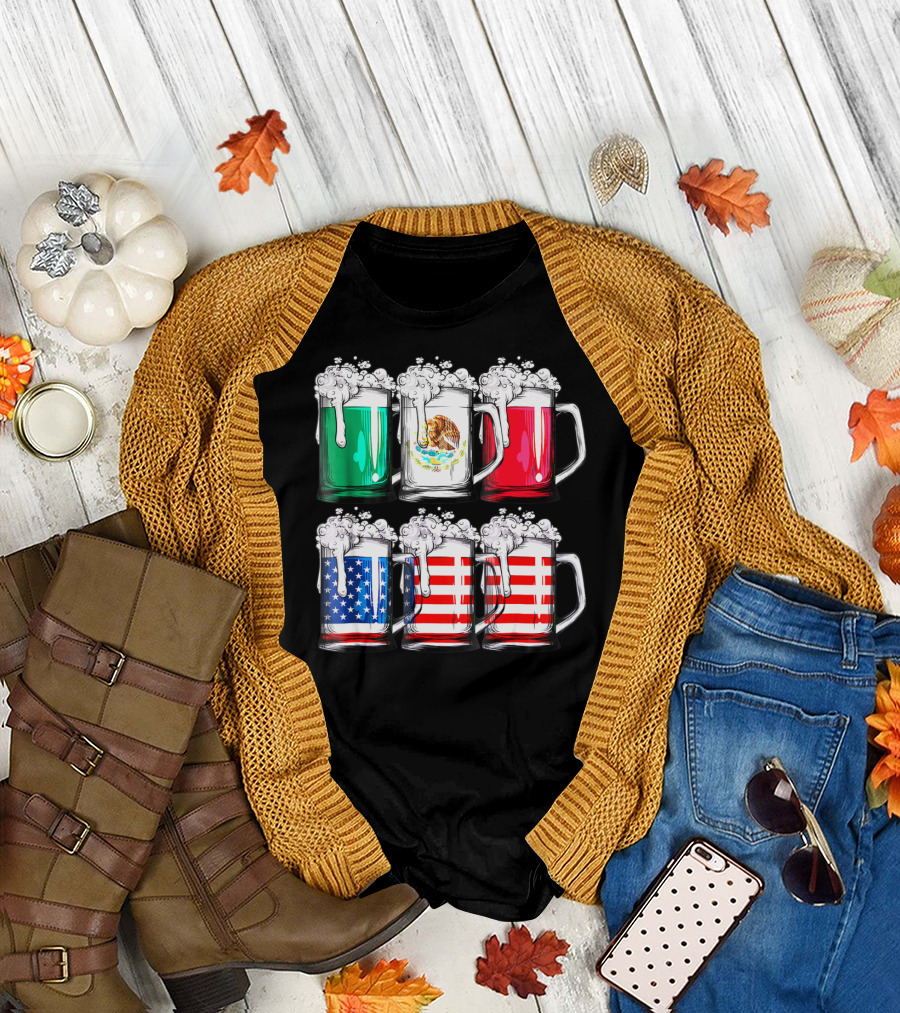 Beer Mugs Mexican American Flags Cinco De Mayo T-Shirt
