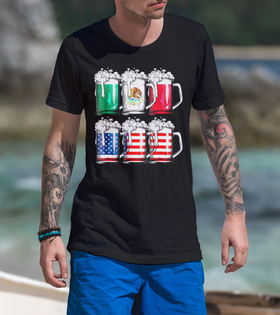 Beer Mugs Mexican American Flags Cinco De Mayo T-Shirt