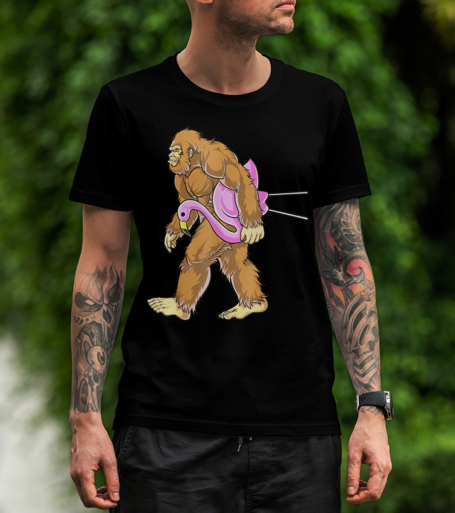 Bigfoot Carrying Pink Lawn Flamingo Humorous Sasquatch Image T-Shirt