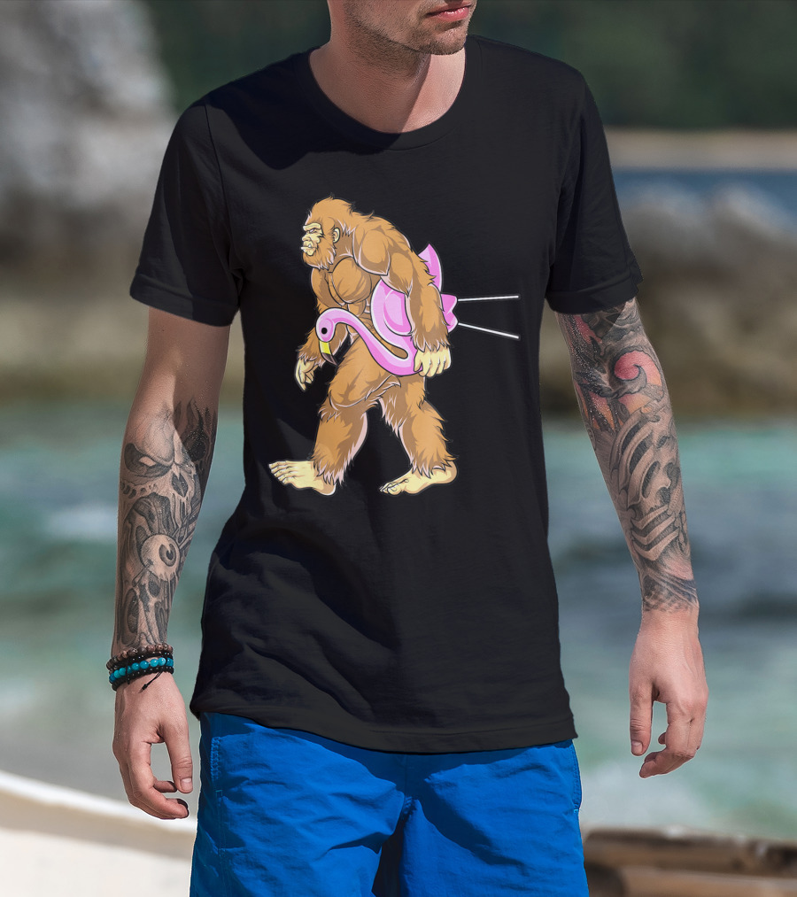 Bigfoot Carrying Pink Lawn Flamingo Humorous Sasquatch Image T-Shirt