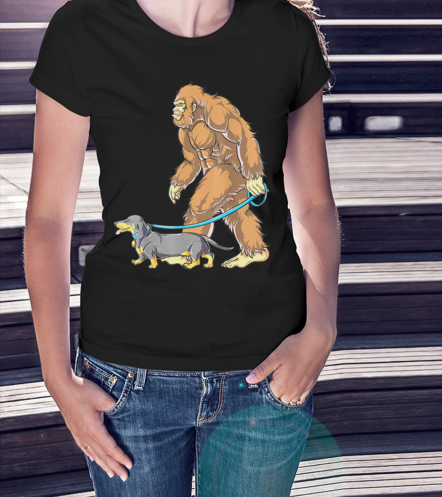 Bigfoot Sasquatch Walking Dachshund Dog T-Shirt