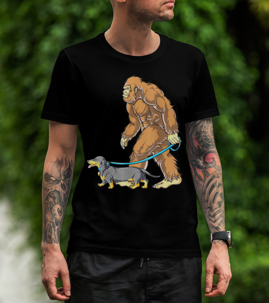 Bigfoot Sasquatch Walking Dachshund Dog T-Shirt