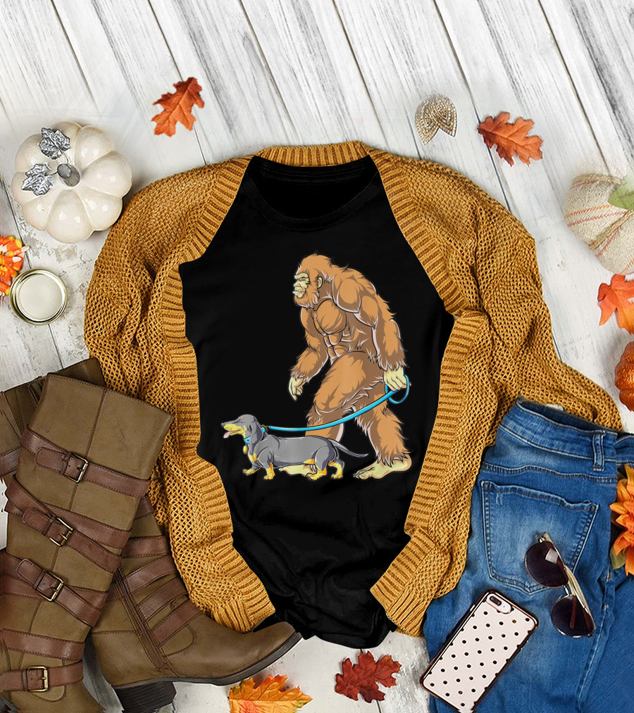 Bigfoot Sasquatch Walking Dachshund Dog T-Shirt