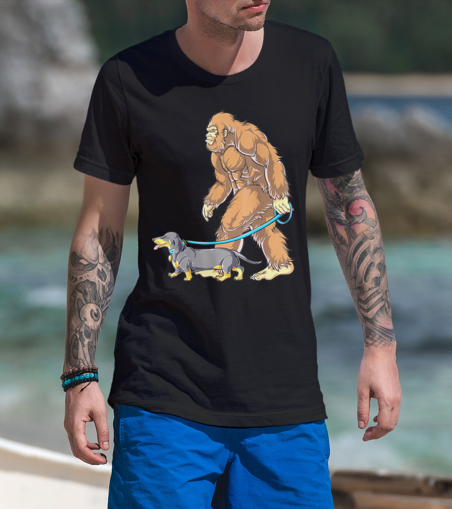 Bigfoot Sasquatch Walking Dachshund Dog T-Shirt