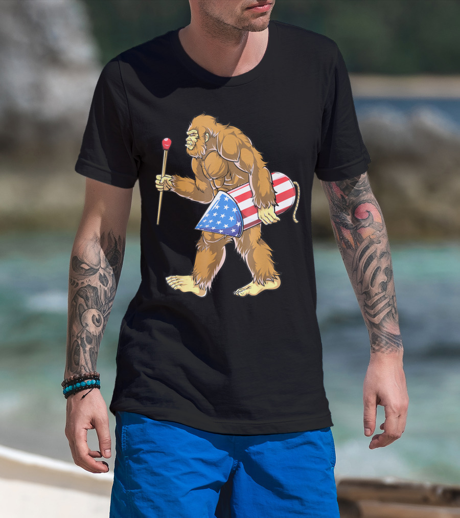 Bigfoot Sasquatch Fireworks 4th Of July Patriotic T-Shirt