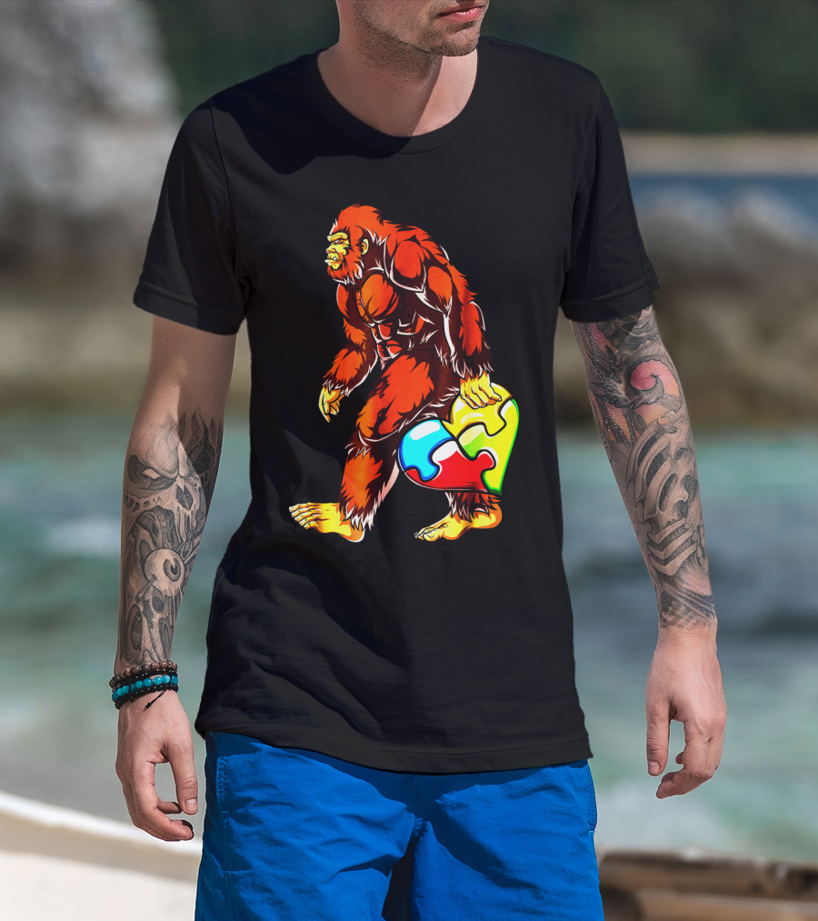 Bigfoot Holding Heart-Shaped Puzzle Piece For Autism Awareness T-Shirt