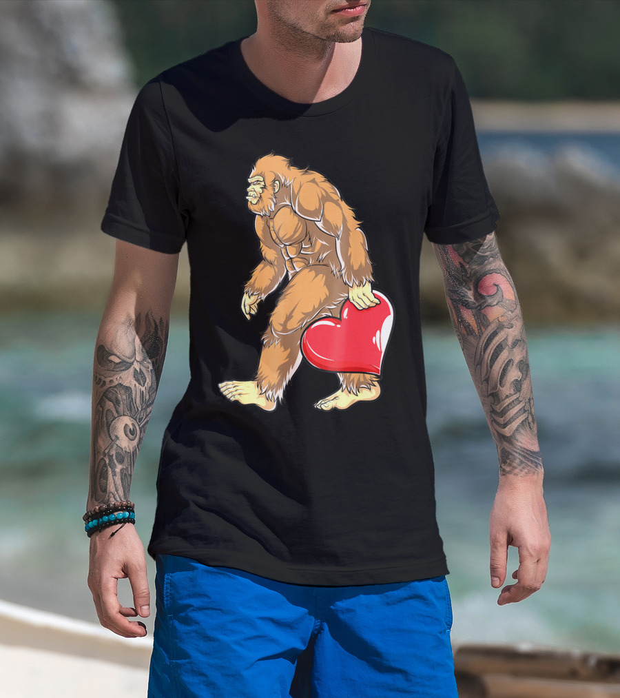 Valentine's Day Bigfoot Holding Heart Sasquatch Love For Men T-Shirt