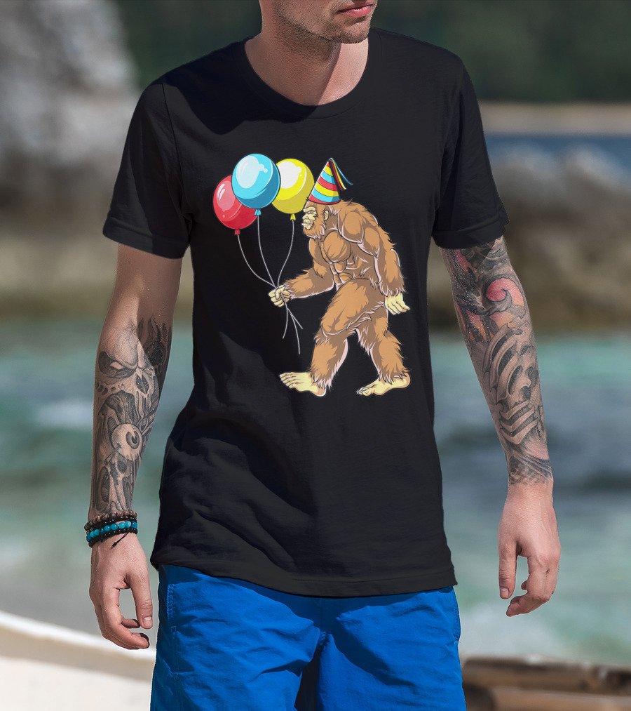 Bigfoot It's My Birthday Kids Boys Sasquatch Party With Balloons And Party Hat T-Shirt