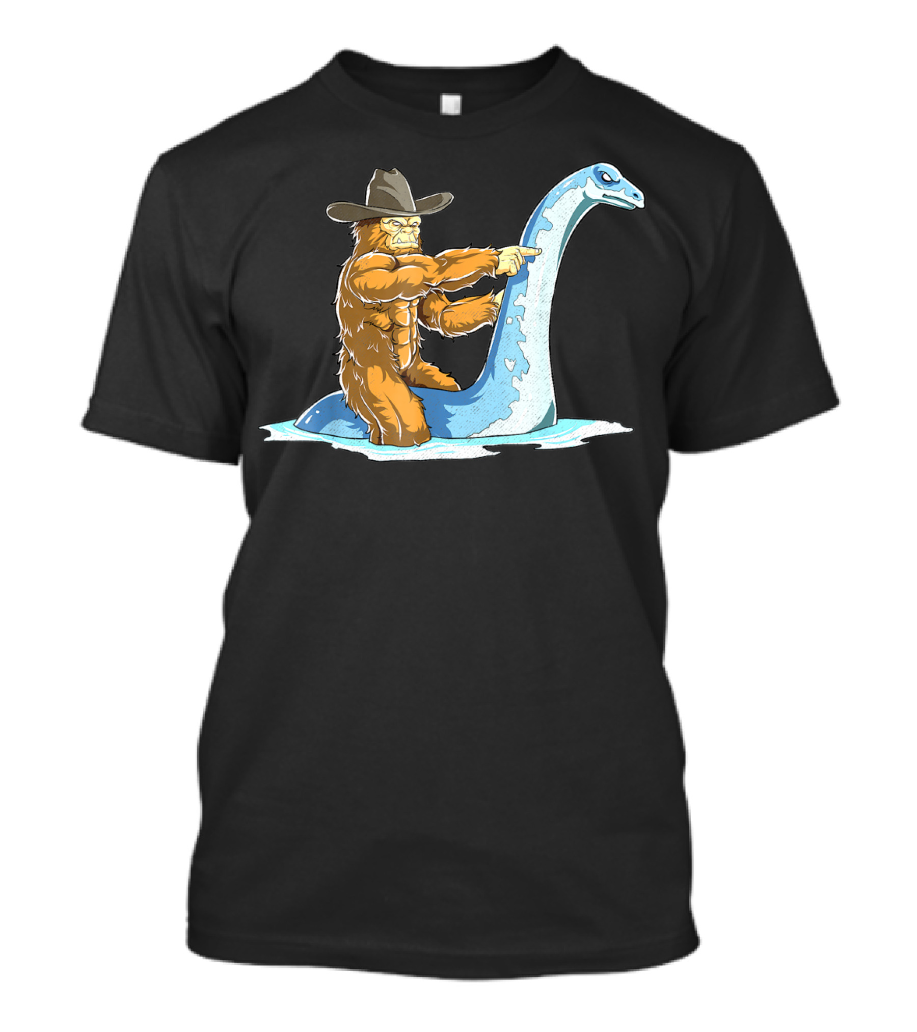 Bigfoot Riding Loch Ness Monster Cowboy Style Sasquatch Nessie T-Shirt