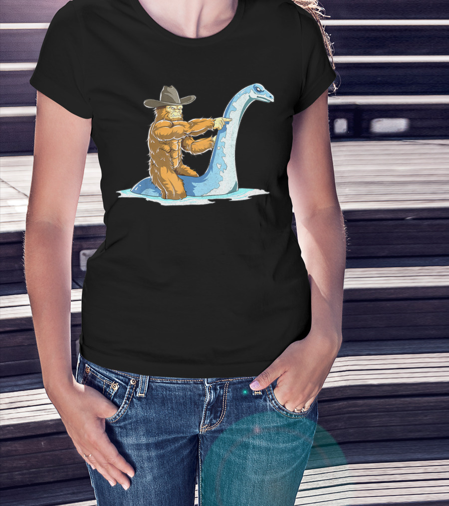 Bigfoot Riding Loch Ness Monster Cowboy Style Sasquatch Nessie T-Shirt