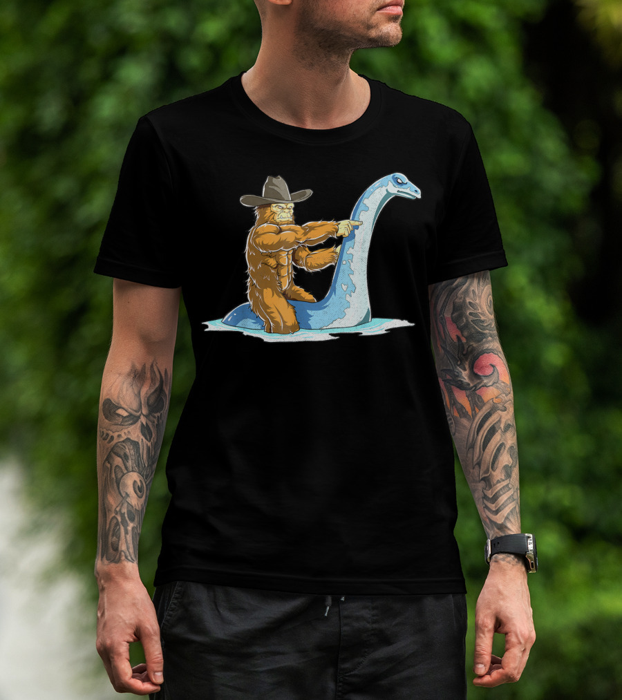 Bigfoot Riding Loch Ness Monster Cowboy Style Sasquatch Nessie T-Shirt