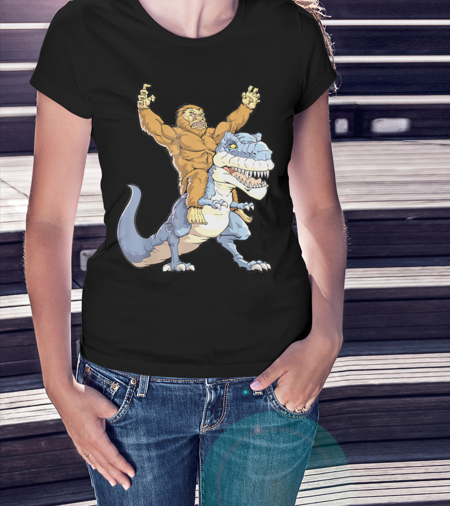 Bigfoot Sasquatch Riding Dinosaur Adventure T-Shirt