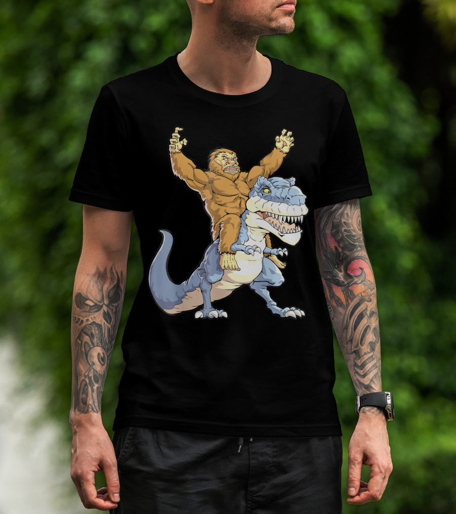 Bigfoot Sasquatch Riding Dinosaur Adventure T-Shirt