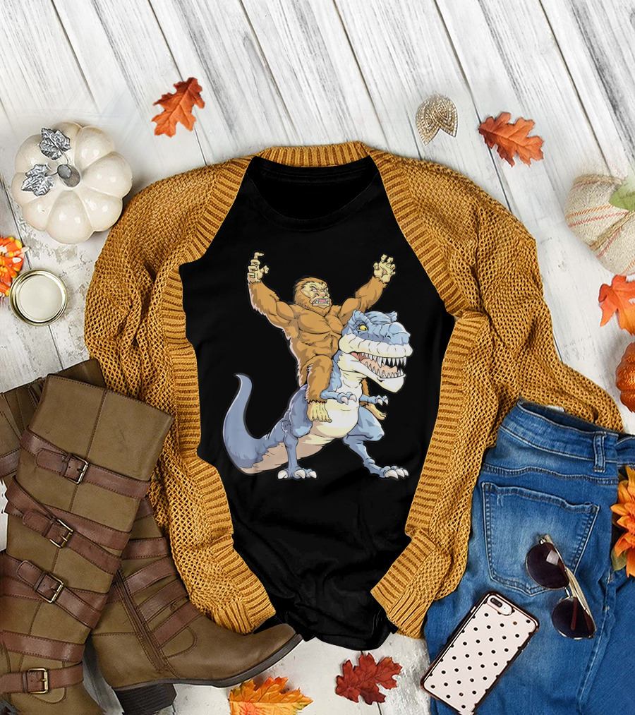Bigfoot Sasquatch Riding Dinosaur Adventure T-Shirt