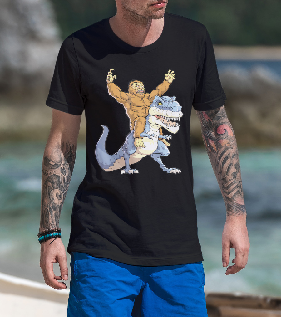 Bigfoot Sasquatch Riding Dinosaur Adventure T-Shirt